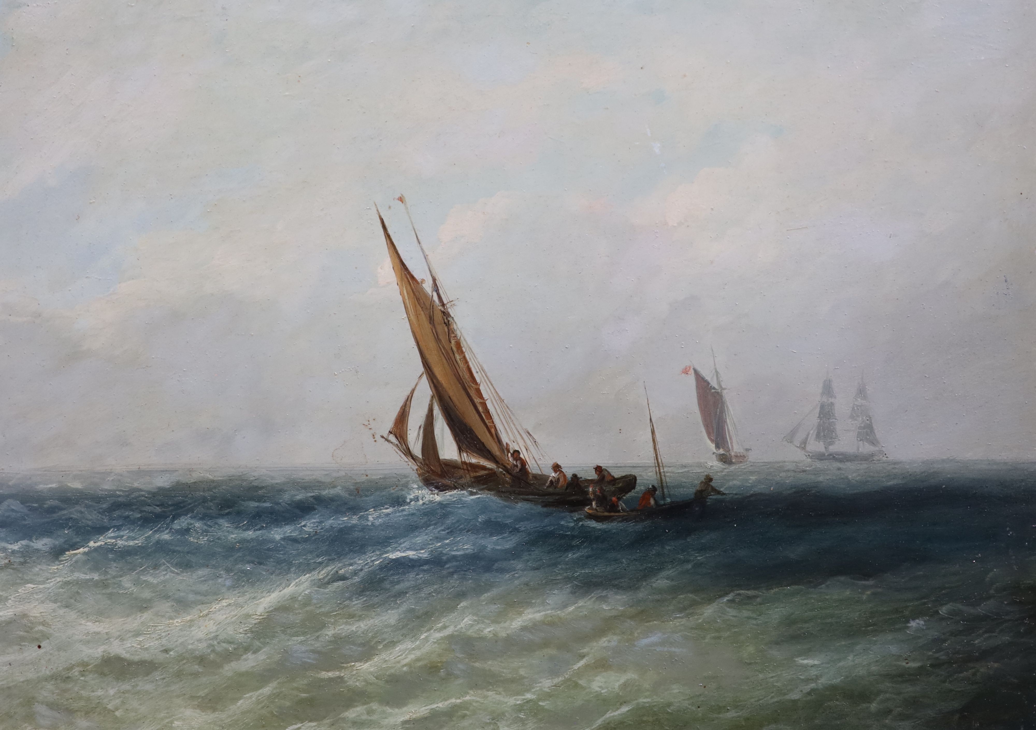 19th century English School , Fishing boats and other shipping off the coast, set of four oils on mill board, 24 x 34cm